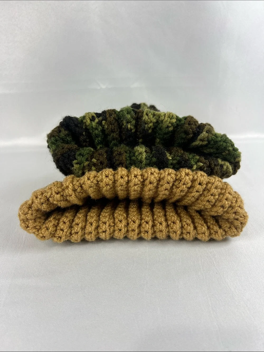 Kids Knit Beanie Duo - Camel and Green Camo Handmade